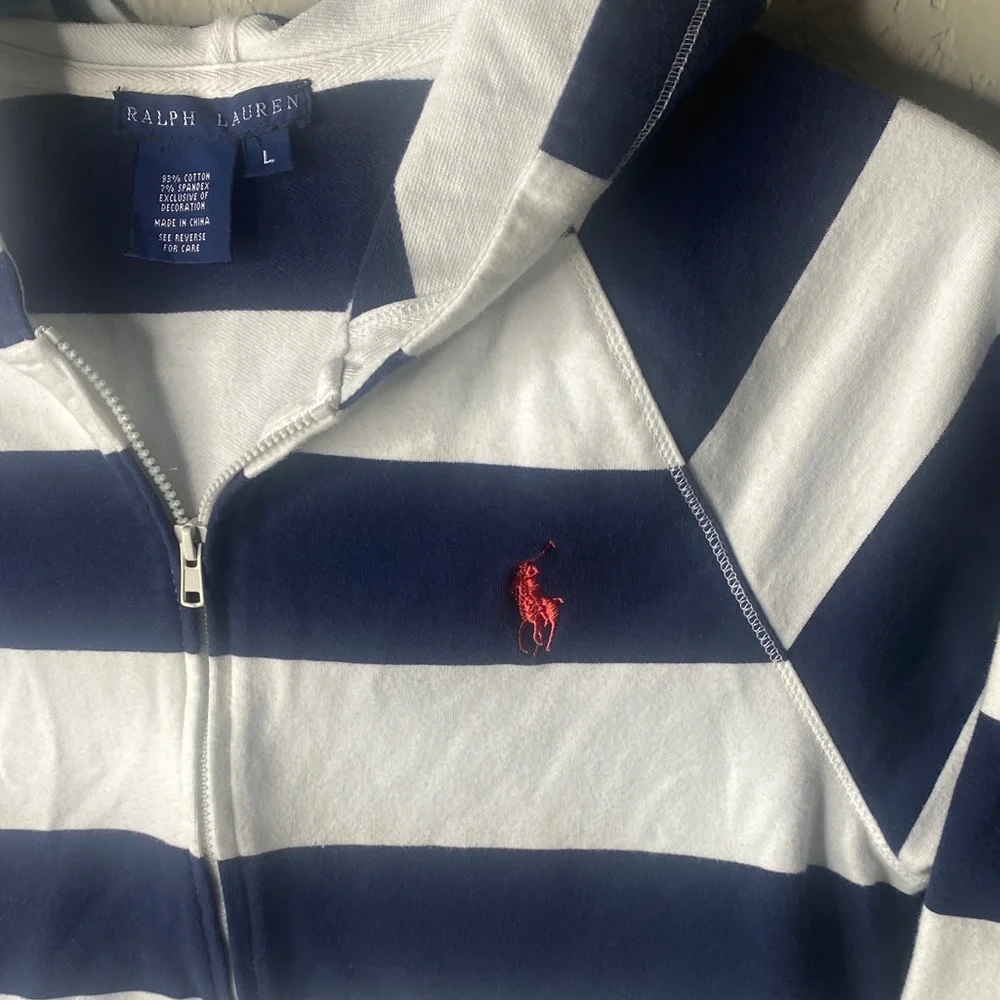 Ralph Lauren Kids Navy & White Striped Zip-Up Hoodie with Pink Horse Polo Logo